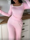 Pembe Dantelli Fiyonk Detaylı Uzun Pamuk Viskon Pijama Takımı