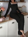 Siyah Dantelli Fiyonk Detaylı Uzun Pamuk Viskon Pijama Takımı