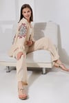 Alya İşlemeli Keten Kimono Takım  - Taş