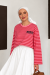 Baskılı Kırmızı Pembe Çizgili Lunavelle T-shirt