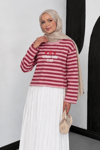 Baskılı Kırmızı Pembe Çizgili Lunvera T-shirt