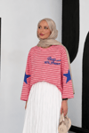 Baskılı Kırmızı Pembe Çizgili Norevia T-shirt