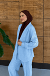 Liora İşlemeli Keten Kimono Takım  - Açık Mavi
