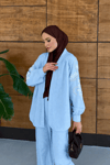 Liora İşlemeli Keten Kimono Takım  - Açık Mavi