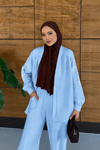 Liora İşlemeli Keten Kimono Takım  - Açık Mavi