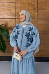 Lorena İşlemeli Yarım Düğmeli Kot Elbise  - Açık Mavi