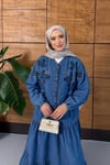 Lorena İşlemeli Yarım Düğmeli Kot Elbise  - Lacivert