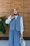 Mireya İşlemeli Kot Yelek Etekli Takım  - Açık Mavi