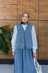 Mireya İşlemeli Kot Yelek Etekli Takım  - Açık Mavi