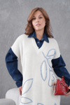 Mirlenya İşlemeli Kolu Kot Triko Elbise - Ekru