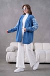Virel İşlemeli Kot Kimono  - Mavi