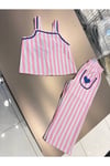Kız Çocuk %100 Pamuk Çizgili Kalp Nakışlı Keten Görünümlü İkili Takım