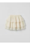 Kız Çocuk Ekru Kat Kat Tül Detaylı Şort Etek
