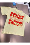 Unisex Sarı Bonjour Detay Baskılı Kısa Kollu T-shirt
