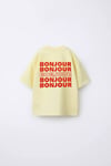 Unisex Sarı Bonjour Detay Baskılı Kısa Kollu T-shirt