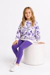 Kalp Desenli Sweatshirt Tayt İkili Takım Mor