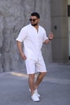Beyaz Renk Gömlek Şort Erkek Keten Takım Oversize Kalıp