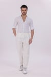 Erkek Beyaz Jogger Pantolon Beli Lastikli Bağcıklı %100 Pamuk Keten Baggy Rahat Günlük Pantolon