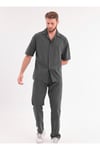 Erkek Haki Keten Takım Oversize Gömlek & Pantolon 2’li Set Bağcıklı Rahat Yazlık Kombin