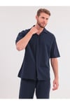 Erkek Lacivert Keten Takım Oversize Gömlek & Pantolon 2’li Set Bağcıklı Rahat Yazlık Kombin