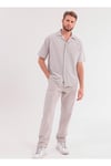 Erkek Taş Keten Takım Oversize Gömlek & Pantolon 2’li Set Bağcıklı Rahat Yazlık Kombin