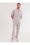 Erkek Taş Keten Takım Oversize Gömlek & Pantolon 2’li Set Bağcıklı Rahat Yazlık Kombin