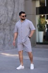 Gri Renk Gömlek Şort Erkek Keten Takım Oversize Kalıp