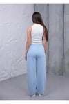 Kadın Mavi Baggy Keten Pantolon Lastikli Bel Bağcıklı Rahat Geniş Paça Yazlık Pantolon