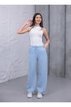 Kadın Mavi Baggy Keten Pantolon Lastikli Bel Bağcıklı Rahat Geniş Paça Yazlık Pantolon