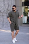 Koyu Haki Renk Gömlek Şort Erkek Keten Takım Oversize Kalıp
