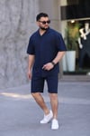 Lacivert Renk Gömlek Şort Erkek Keten Takım Oversize Kalıp