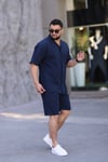 Lacivert Renk Gömlek Şort Erkek Keten Takım Oversize Kalıp