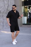 Siyah Renk Gömlek Şort Erkek Keten Takım Oversize Kalıp