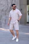 Taş Renk Gömlek Şort Erkek Keten Takım Oversize Kalıp