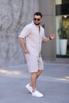 Taş Renk Gömlek Şort Erkek Keten Takım Oversize Kalıp