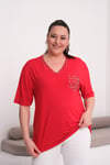 2519 Kırmızı Leopar Cep Ve Yaka Detaylı Bluz