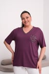 2519 Mor Leopar Cep Ve Yaka Detaylı Bluz