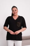 2519 Siyah Leopar Cep Ve Yaka Detaylı Bluz