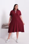 3207 Çizgili Polo Yakalı Çan Kesim Elbise Bordo