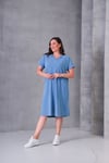 3819 Yıkamalı Kumaş Polo Yaka Elbise Mavi