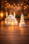 2 Adet Işıklı Cami ve Minare/Fener Dekor Seti – LED Mumlu – Masa Üstü İslami Dekor
