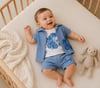 Erkek Bebek Mavi Surf Desenli Müslin 3'lü Gömlek Tişört Şortlu Takım 12-24 Ay