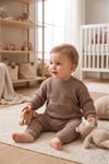 Bebek Takımı Waffle Kumaş %98 Pamuklu Ahşap Düğmeli Kanguru Cepli Unisex (1-12 Ay)