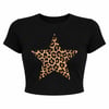 Leopar Yıldız Baskılı Crop Tişört - Siyah