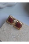 Bordo taş detaylı gold vintage küpe