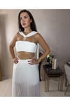 Aksesuar Detaylı Crop Bluz Ve Maxi Plise Astarlı Pantolon Premium Takım