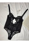 Siyah Dantelli Balenli Kapsız Transparan Alttan Çıtçıtlı Bodysuit