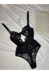 Siyah Dantelli Balenli Kapsız Transparan Alttan Çıtçıtlı Bodysuit