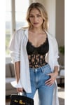 Siyah Dantelli V yaka Babydoll Bodysuit