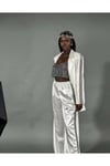 Beyaz Blazer Taşlı Saten Ceket - Pantolon Takım
